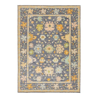 Modern Hand-Knotted Oushak Style Wool Rug in Slate Blue, Ochre & Pastel Accents For Sale