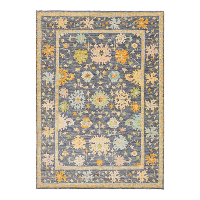 Modern Hand-Knotted Oushak Style Wool Rug in Slate Blue, Ochre & Pastel Accents For Sale