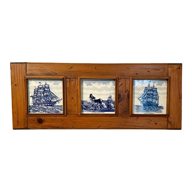 Vintage Oak Framed Delft Blue/White Tile Wall Decor - Dutch Sailing Ships Whale For Sale