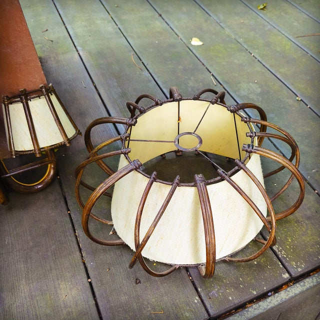 Louis Sognot Rattan Pendant Light and Wall Lights by Louis Sognot, France, 1950s, Set of 3 For Sale - Image 4 of 11