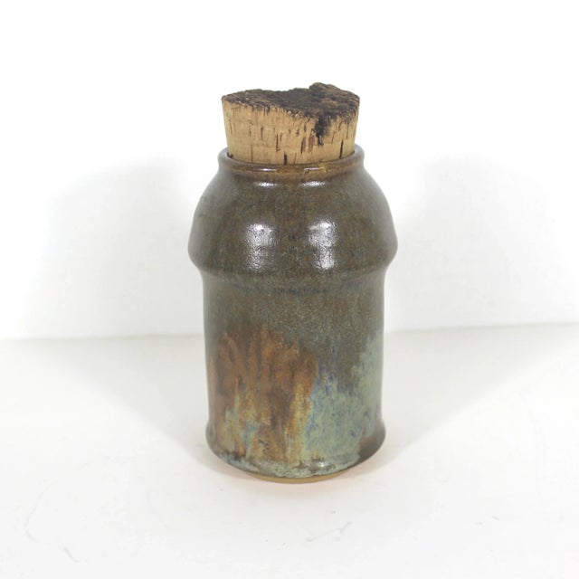 Beautiful vintage handmade, covered studio pottery dish, pot, jar or canister with a rustic cork stopper. Add to your...
