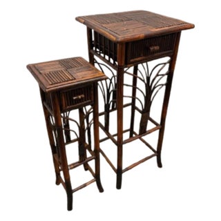 Vintage Pair of Burnt Bamboo & Wicker Plant Stands For Sale