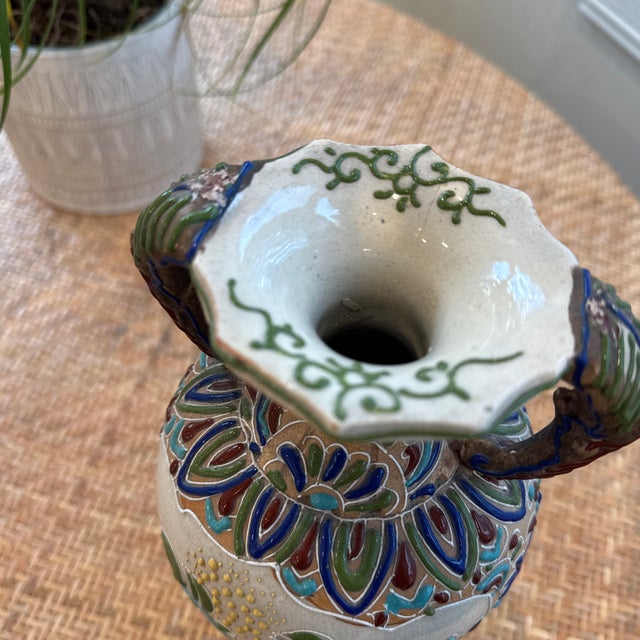 Blue Antique Japanese Double Handled Moriage Satsuma Vase For Sale - Image 8 of 12