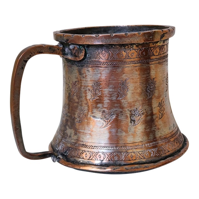 Antique Solid Cooper Hand-Hammered and Etched Mug With a Handle For Sale