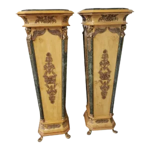 French Empire Gilt Bronze Ormolu Mottled Marble & Satinwood Pedestals, a Pair