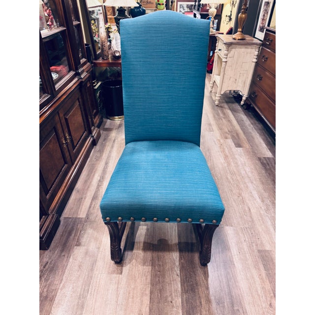 Cerulean Set of 8 Designmaster “Strasbourg” French Carved Dining Chairs in Peacock Blue For Sale - Image 8 of 9