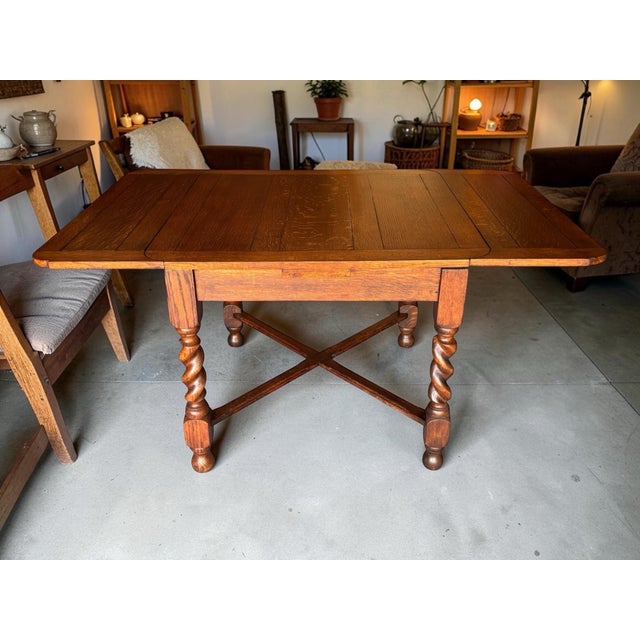 1930s Solid Quarter Sawn Oak Barley Twist Draw Leaf Table. For Sale - Image 11 of 12