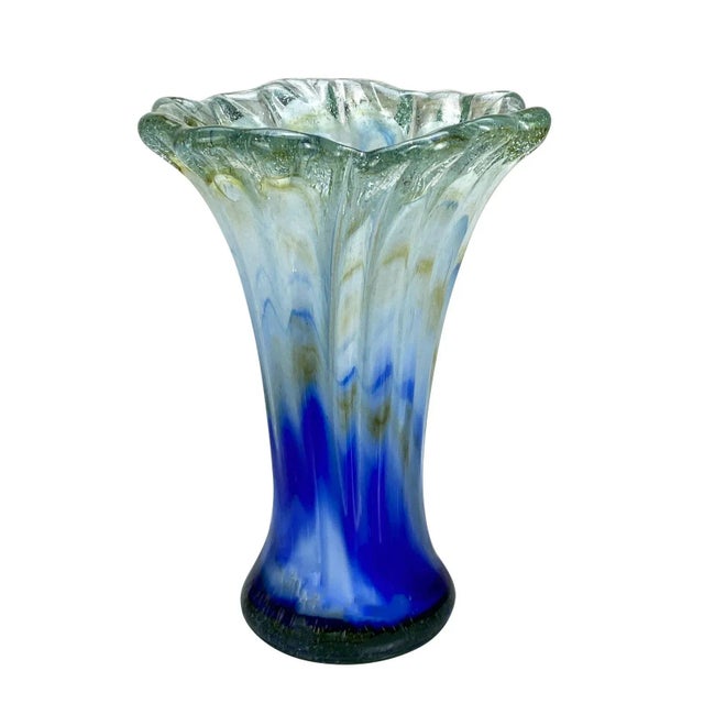 Vintage Italian Murano Blue Blown Art Glass Flared Vase For Sale - Image 9 of 9