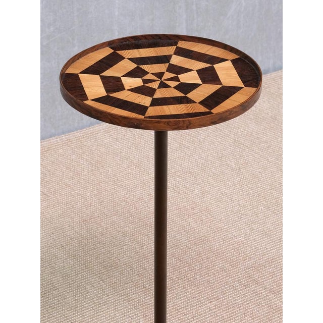 1950s Danish Cabinetmaker Bronze Pedestal Table with Radial Marquetry Top, 1950 For Sale - Image 5 of 11