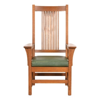Stickley Mission Oak Arts & Crafts Spindle High Back Arm Chair For Sale