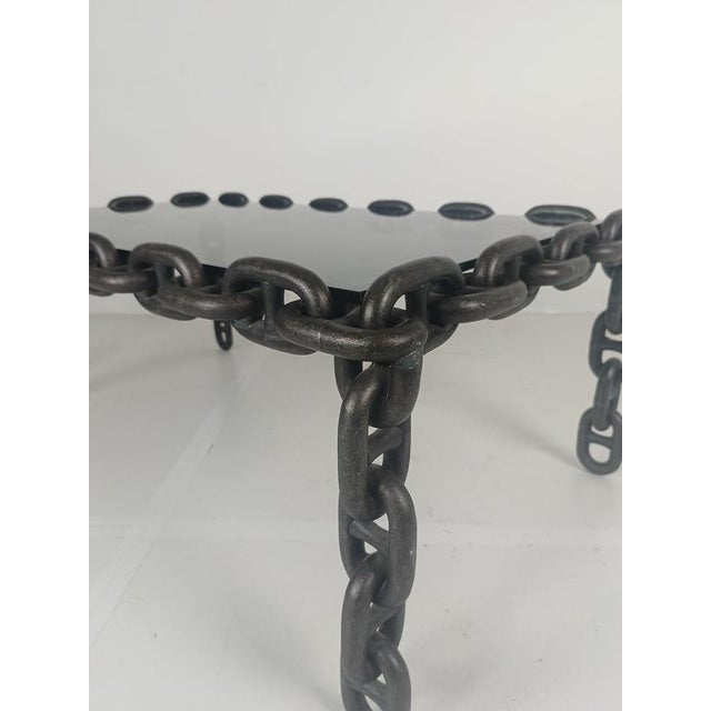 Metal Vintage Brutalist Black Iron Chain Link Coffee Table with Smoked Glass Top, 1970s For Sale - Image 7 of 17