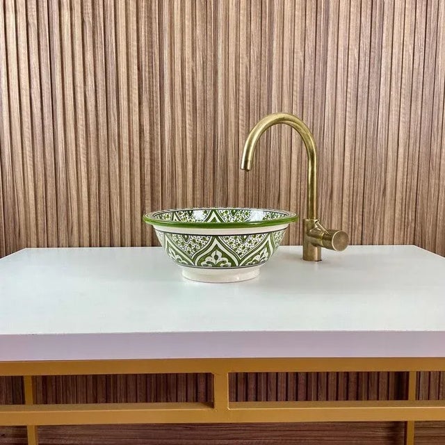 Green Ceramic Countertop Round Handmade Sink for Bathroom For Sale - Image 4 of 8