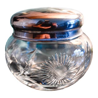 Antique American Brilliant Cut Glass Dresser Jar, Silver Lid, Sunflower & Fan Cut, Round Vanity Powder Jar, 3" For Sale