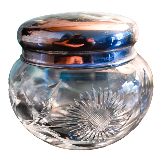 Antique American Brilliant Cut Glass Dresser Jar, Silver Lid, Sunflower & Fan Cut, Round Vanity Powder Jar, 3" For Sale