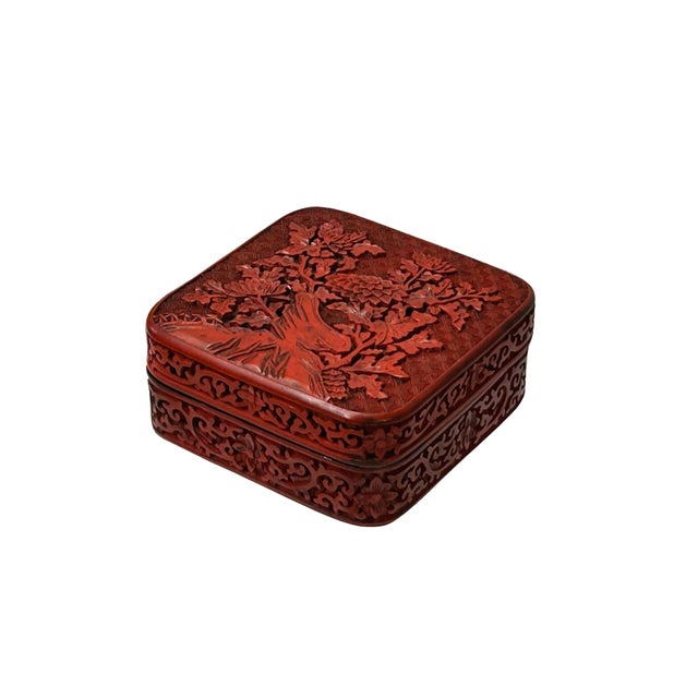 Plastic Handcrafted Vintage Chinese Red Lacquer Square Floral Accent Box For Sale - Image 7 of 8