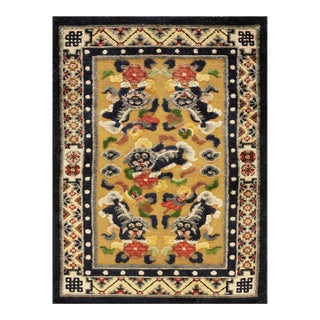1920s Yellow Foo Dog Antique Chinese Silk & Metallic Thread Rug 2'7" X 4'2" Pile - Knotted Carpet For Sale