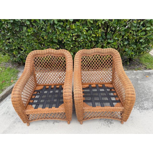 Brown Vintage Palm Beach Style Rolled Arm Wicker Lounge Chairs – A Pair For Sale - Image 8 of 12