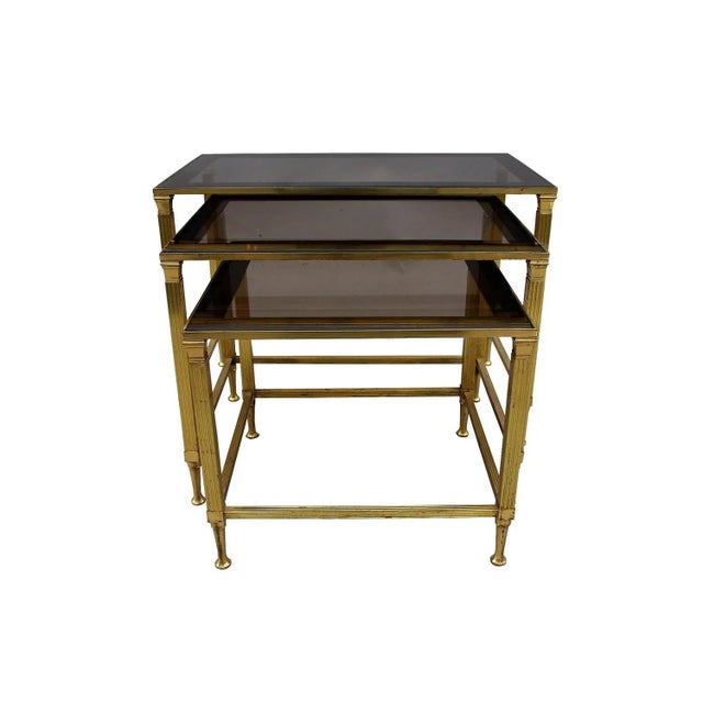Vintage Gilt Metal and Smoked Glass Nesting Tables, Set of 3 For Sale - Image 4 of 4