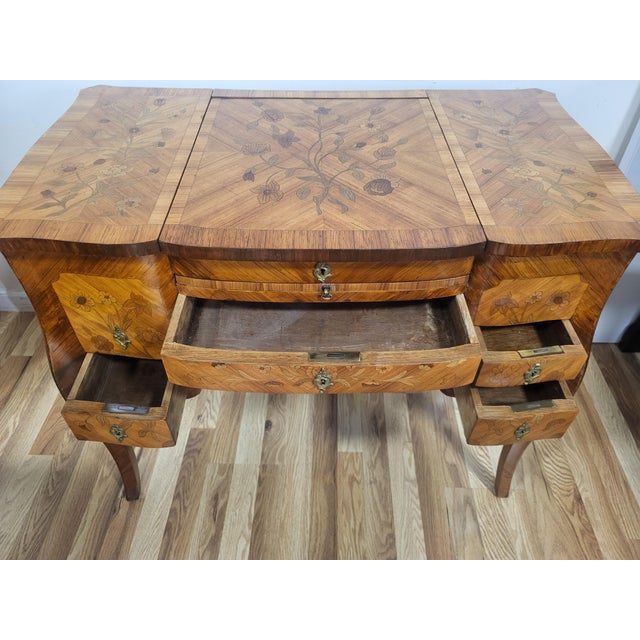 Antique French 19th C Louis XV Inlaid Tulipwood Poudre Vanity Lady Writing Desk For Sale - Image 16 of 18