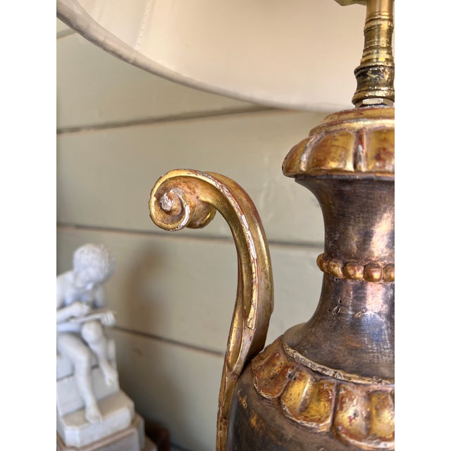 Fine Antique Italian Neoclassical Giltwood & Silver Leaf Carved Urn Table Lamp For Sale - Image 10 of 12
