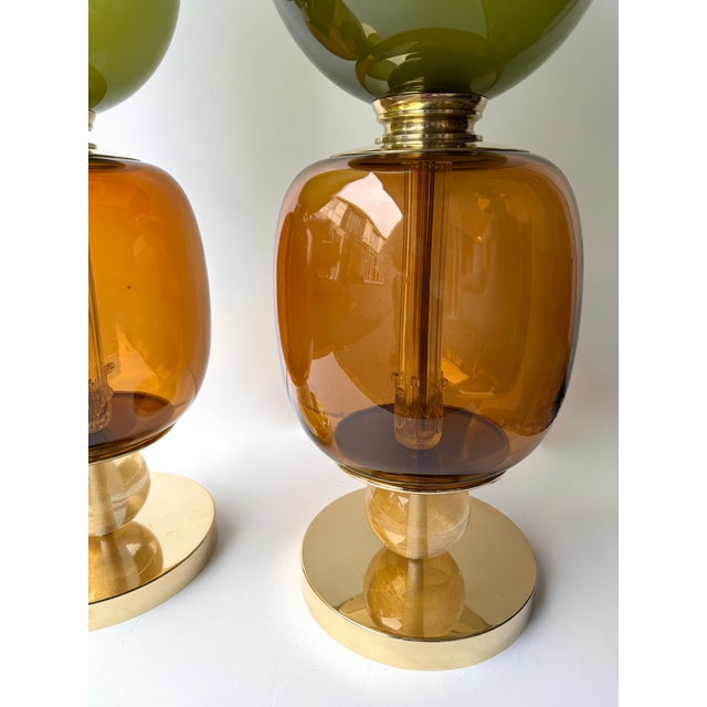 2020s Contemporary Pair of Brass and Murano Glass Green Shades Lamps, Italy For Sale - Image 5 of 11