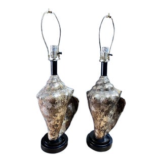 1980s Pair of Vintage, Coastal Metallic Conch Shell Table Lamps For Sale