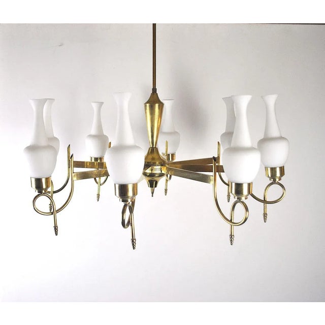 Mid-Century Modern Mid-Century Brass and Opaline Glass Chandelier, 1950s For Sale - Image 3 of 15