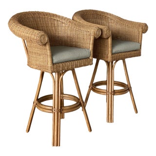 Coastal Rattan Wicker Swivel Bar Stools-Pair For Sale