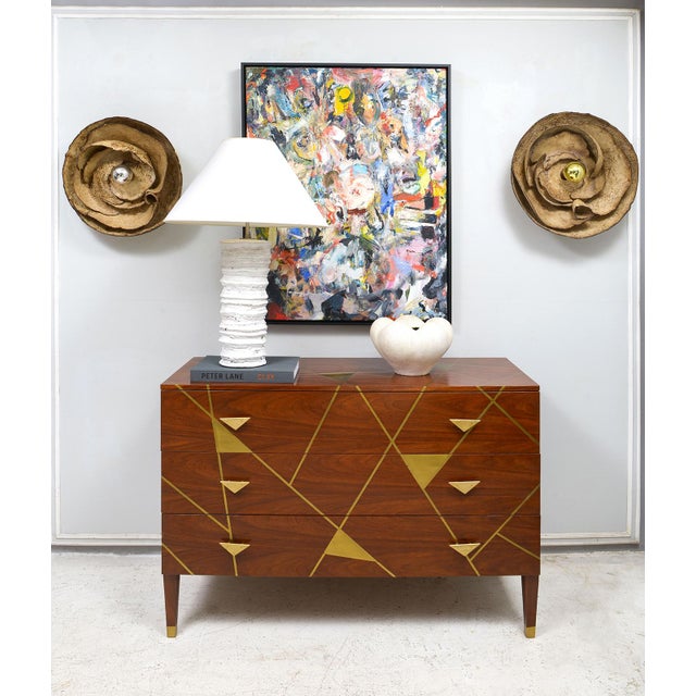 Modern Unusual Brass- Inlaid Mahogany Chest With Geometric Pattern and Bronze Pulls For Sale - Image 3 of 7
