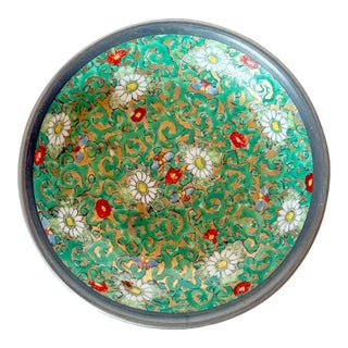 Vintage Pewter Encased Porcelain Chinoiserie Bowl For Sale