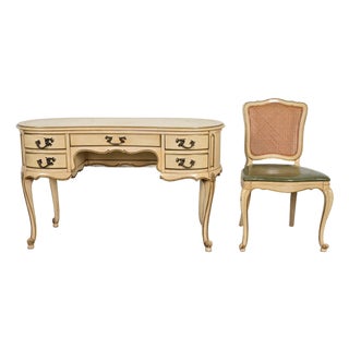 John Widdicomb Style French Provincial Louis XV Cream Lacquered and Gold Gilt Leather Top Ladies Writing Desk and Chair, Circa 1950s For Sale