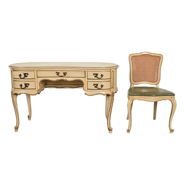 John Widdicomb Style French Provincial Louis XV Cream Lacquered and Gold Gilt Leather Top Ladies Writing Desk and Chair, Circa 1950s For Sale