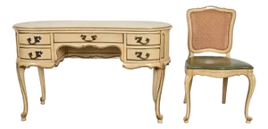 John Widdicomb Style French Provincial Louis XV Cream Lacquered and Gold Gilt Leather Top Ladies Writing Desk and Chair, Circa 1950s