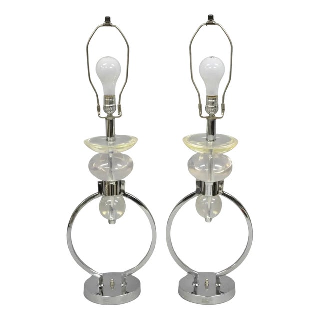 Vintage Postmodern MCM Hivo Van Teal Sculptural Lucite & Chrome Table Lamps Pair For Sale