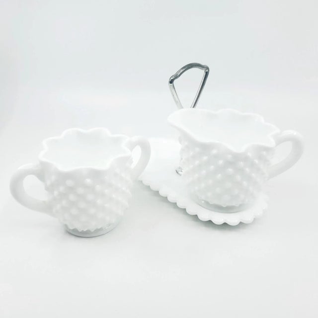 Hobnail Ruffled Edge Fenton Cream and Sugar Set with Caddy. Mid-century Fenton milk glass, hobnail and scalloped edges....