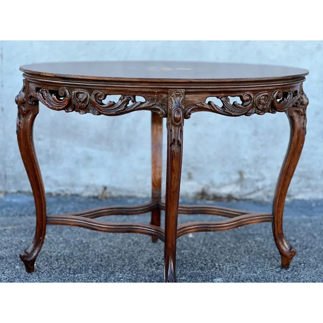 French 1920 French Walnut Hand Carved Oval Serving Table For Sale - Image 3 of 7