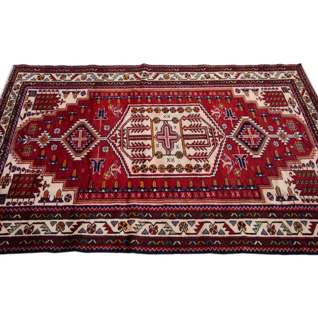 1960s 1960s Vintage Persian Hamadan Red Handmade Medallion Wool Rug For Sale - Image 5 of 7