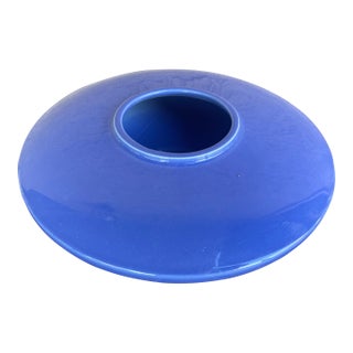 Mid Century 1970's Cobalt Blue Glossy Ceramic Flying Saucer Ikebana Vase - Rare For Sale