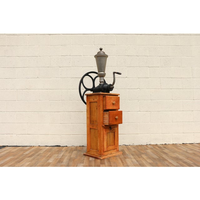 Antique Tall Standing Coffee Grinder | Cast Iron Wheel & Solid Pine Cabinet | Industrial Country Store Mill For Sale - Image 11 of 18