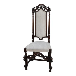 Walnut Accent Chair Carved High Back Jacobean Style William & Mary Stretcher 80s For Sale