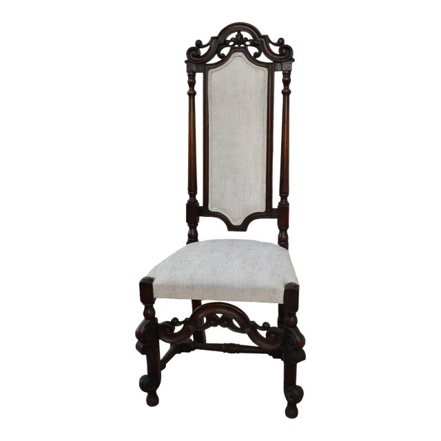 Walnut Accent Chair Carved High Back Jacobean Style William & Mary Stretcher 80s For Sale