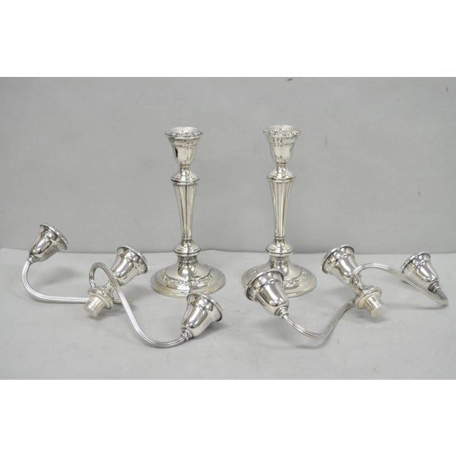 Vintage Gorham YC3021 Silver Plated 3 Arm Convertible Candelabra - a Pair. Circa Mid 20th Century. Measurements: 12.25" H...