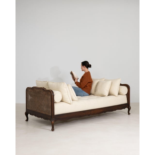 Louis XV Upholstered Daybed with Rattan Side Panels and Cushions, Rococo Style, France, Early 20th Century For Sale In Greensboro - Image 6 of 16
