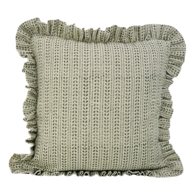 Fabdivine Artisan Block Print Throw Frill Pillow Cover Green 18x18 Inch Thick Linen- Ratanbel For Sale