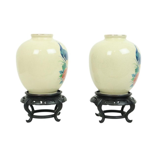 Japanese Vases Peacock Flowers Crackle in Ceramic, 1960s, Set of 2 For Sale - Image 15 of 18