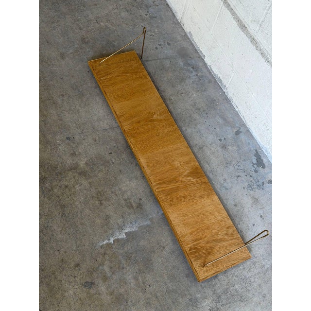 Brown Vintage Danish Oak Wall Shelf With Brass Brackets Scandinavian Floating Shelf For Sale - Image 8 of 9