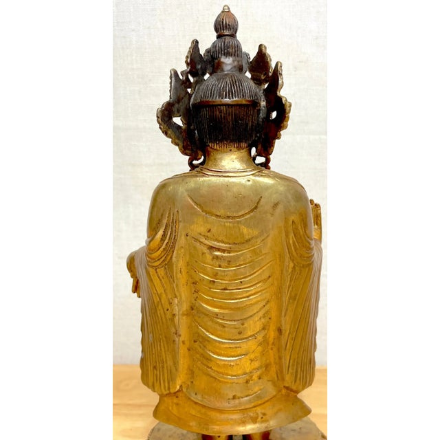 1900 - 1909 Tibetan Bronze Standing Gilt Bronze Buddha Offering Protection For Sale - Image 5 of 13