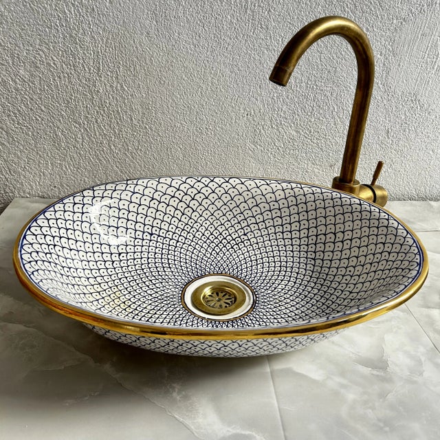 Contemporary Farmhouse Minimalist Oval Sink With 14k Gold Rim Bathroom Sink, Oval Handmade Ceramic For Sale - Image 3 of 9