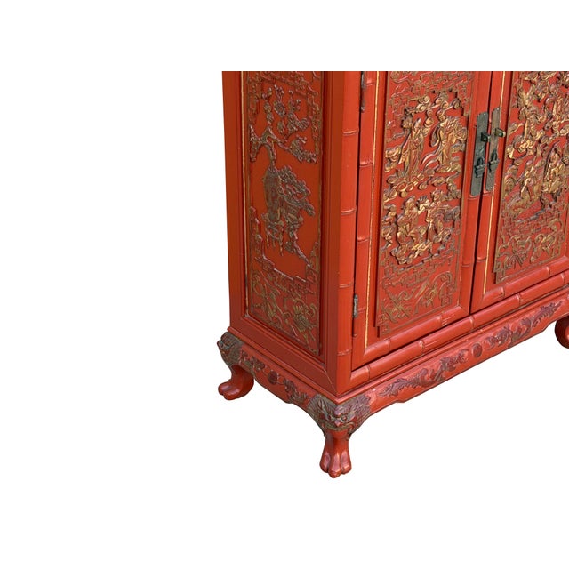Oriental Red Matte Golden Relief Carving Small Cabinet Chest For Sale - Image 13 of 13