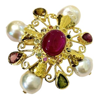 Bochic “Orient” Multi Sapphires & Ruby Brooch Set in 18k Gold & Silver For Sale